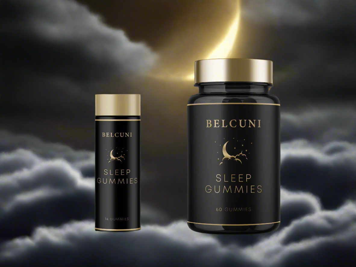 Two blackBelcuni sleep gummies containers with gold accents on a gray background