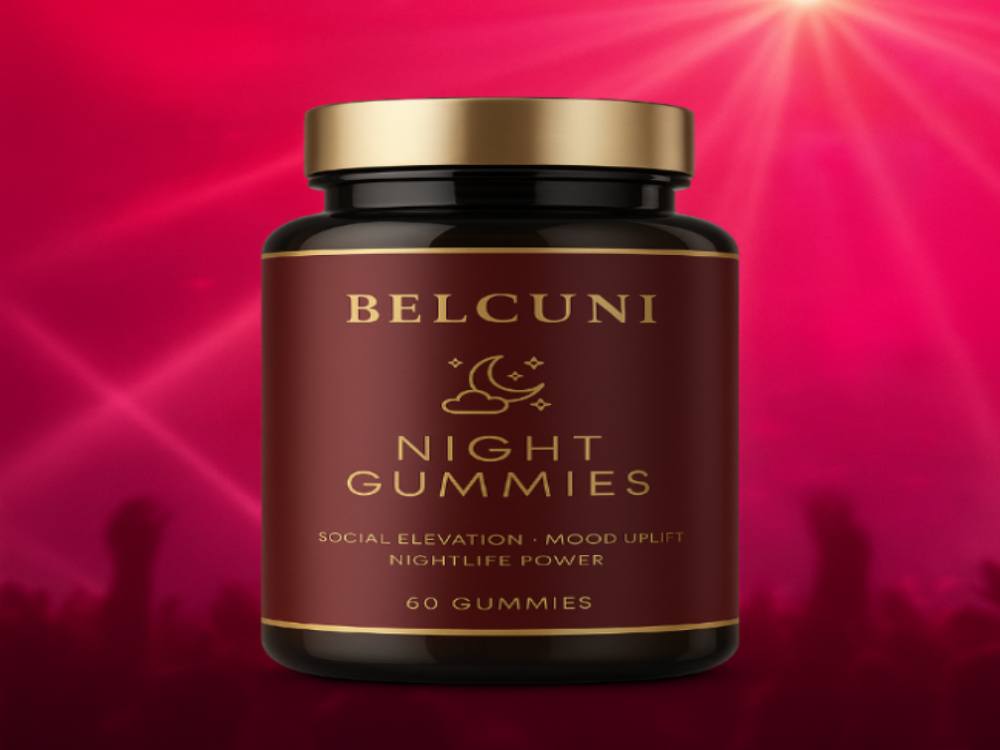 Jar of Belcuni Night Gummies with a red background