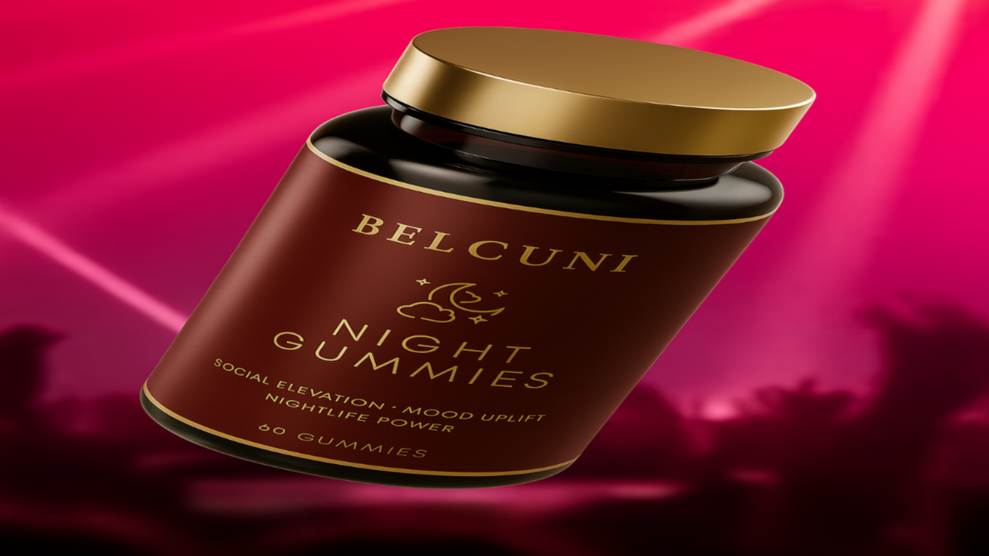 Jar of BELCUNI Night Gummies on a pink and black background