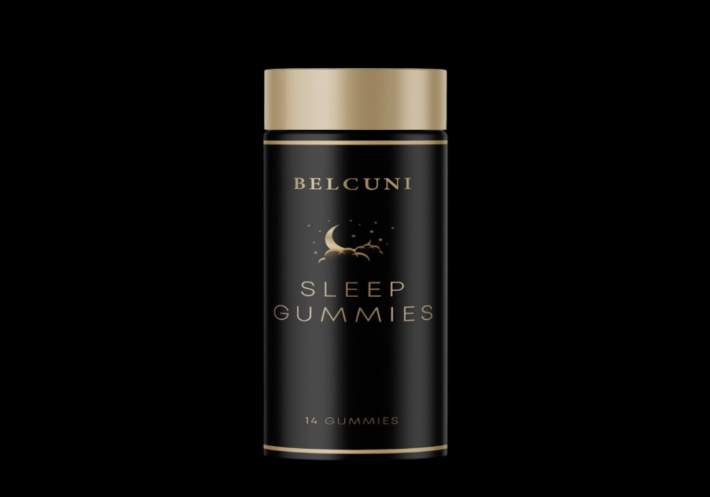 Black bottle labeled 'BELCUNI Sleep Gummies' with gold accents on a black background